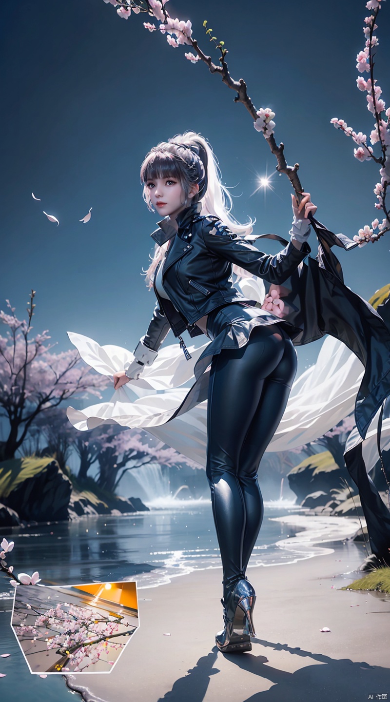  full_body,panorama,tight leather pants,leather_jacket,exploring cherry blossom branches,wonderland,light blue element,night,(side light shining on the face),