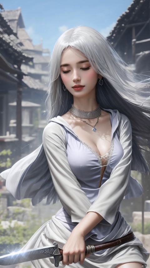 1girl, solo, long hair, breasts, dress, holding, cleavage, jewelry, medium breasts, closed eyes, weapon, white hair, earrings, sword, holding weapon, white dress, blurry background, glowing, holding sword