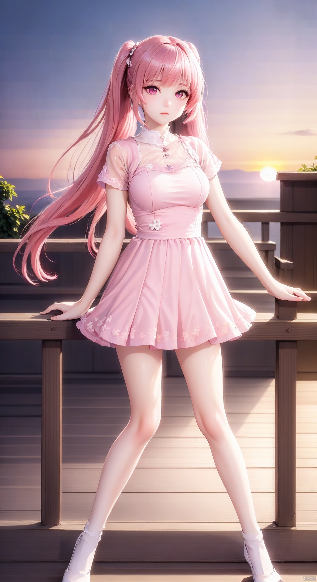  vibrant colors, female, masterpiece, sharp focus, best quality, depth of field, cinematic lighting, long hair, pink hair, twin tail, pink eyes, pink outfit, landscape, sunset, pink sky, town