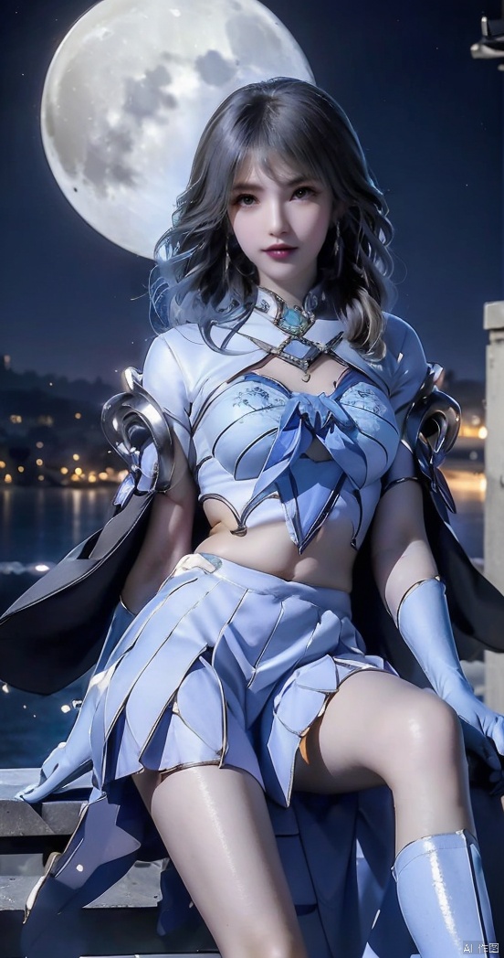  Top Quality, 1 girl, Sailor Moon, blonde hair, blue collar, boots, bow, castle, collar, city, crescent, Crescent, bun, earring, gloves, facial markings, flowers, full moon, gloves, jewelry, boots, layered skirt, lilies, lipstick, long hair, magic girl, cosmetics, Moon, night, Sailor Collar, Sailor Moon, sailor uniform, skirt, sky, solo, Star, Sky, Moon, pigtail, white shoes, white gloves, close up