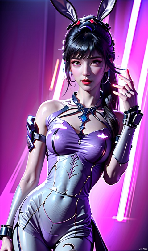  rabbit ears, masterpiece, best quality, 8k, concept art, Thought-Provoking Aunt of Blood, intricate details, holding a gun, weapon, JoJo pose, Straps, Rings, Gloves, Low shutter, (Violet power aura:1.2), most beautiful artwork in the world, aesthetics, atmosphere, (neon,cyborg:1.1), fantasy,1girl