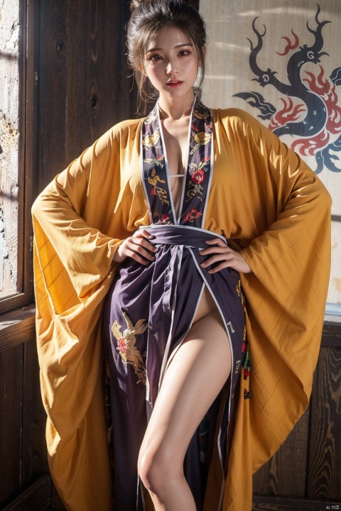  Masterpiece, ultra fine photos, best quality, ultra high resolution, realistic, beautiful COS zombie, sexy, exposed, good figure, yellow Taoist robe embroidered with patterns, face pasted with yellow runes, body pasted with many Taoist runes, exposed thighs