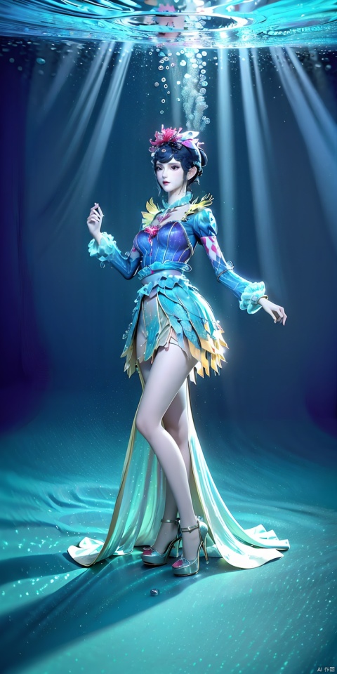  Best quality, masterpiece, 1 girl, (translucent dress: 1.2), standing, (whole body: 1.2), stockings, (high heels: 1.2), (wet body: 1.5), (underwater world: 1.5), underwater world, water plants.