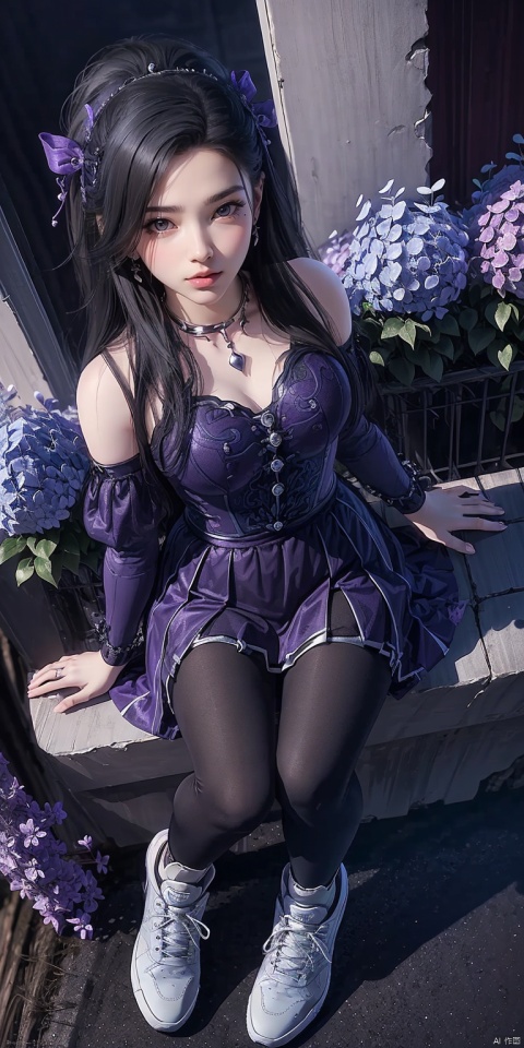  1girl, solo, long hair, black hair, hair accessories, purple lips, JK, shirt, pleated skirt, purple skirt, (pantyhose), whole body, sports shoes, sitting on the steps, lilacs, lilies, roses, hand details, leg details, (taken from above: 1.5)