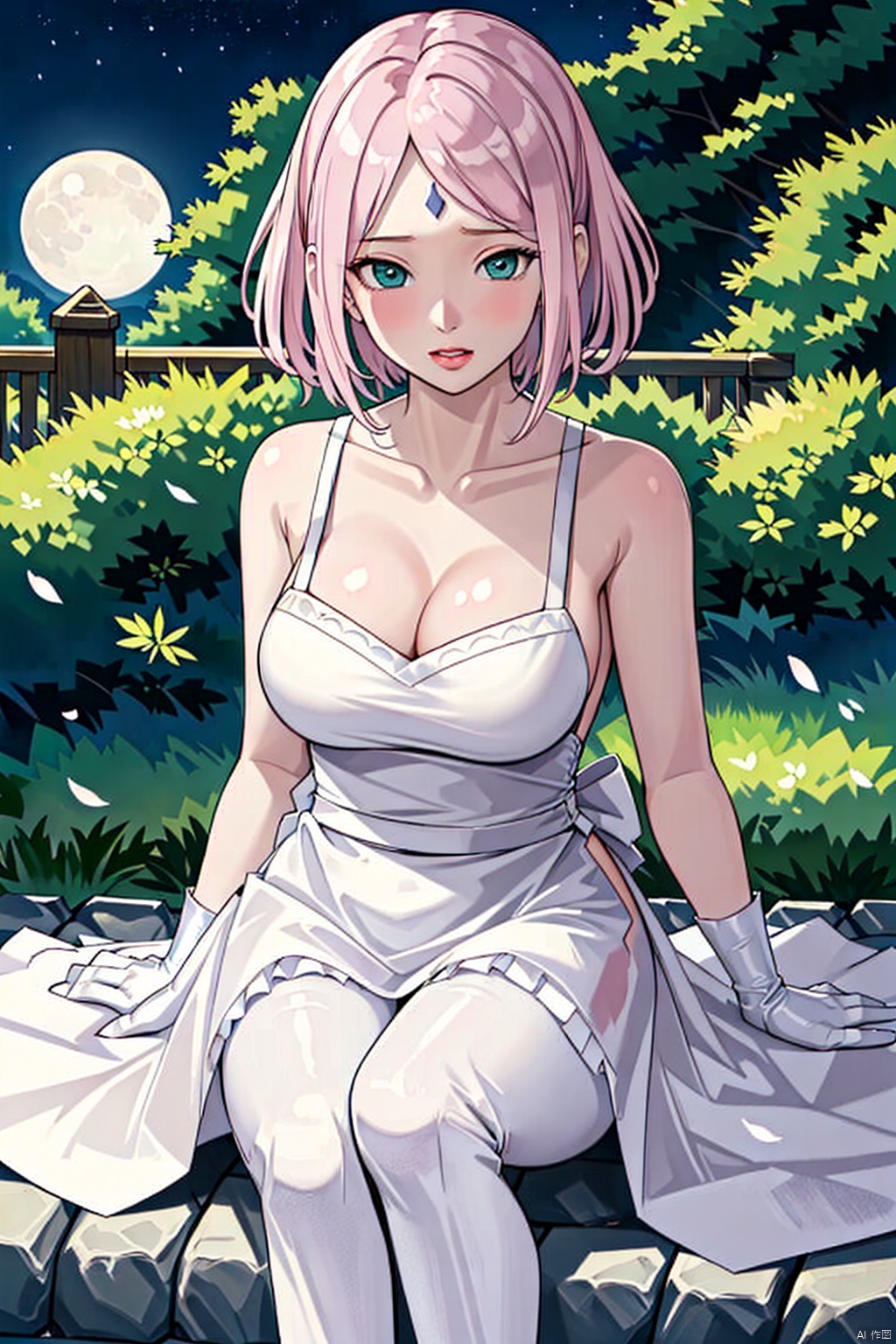  moon,full moon,（outdoors,night）, petals,masterpiece,(best quality),official art, extremely detailed cg 8k wallpaper,((crystalstexture skin)), (extremely delicate and beautiful),highly detailed, (collarbone:0.724), watercolor \(medium\),1girl,Wedding dress,A white wedding dress,frills,petals,bridal gauntlets,floral print,flower-shaped pupils,hair flower,butterfly,hair flower,frilled apron,Roses,pyrefly,Trim one's hair,white pantyhose,Blue High Heels,yume kawaii,sitting,twin braids,purple eyes,Happy,Beautiful,