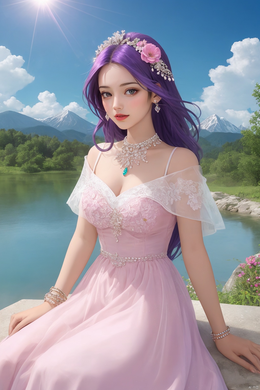 1girl, solo, long hair, hair ornament, dress, jewelry, sitting, purple hair, flower, outdoors, sky, day, cloud, pink eyes, water, bracelet, tree, blue sky, pink dress, mountain