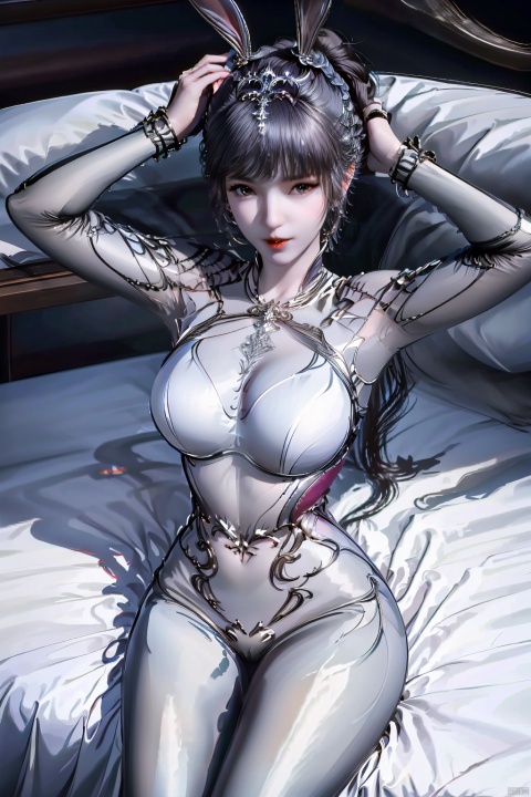  1girl,solo,long hair,breasts,looking at viewer,bangs,blue eyes,large breasts,long sleeves,navel,animal ears,cleavage,jewelry,sitting,underwear,panties,tail,ponytail,flower,white hair,earrings,parted lips,indoors,bra,rabbit ears,arms up,lips,see-through,parted bangs,pillow,grey eyes,bed,makeup,fake animal ears,on bed,white flower,rabbit tail,white bra,red lips,, jmai