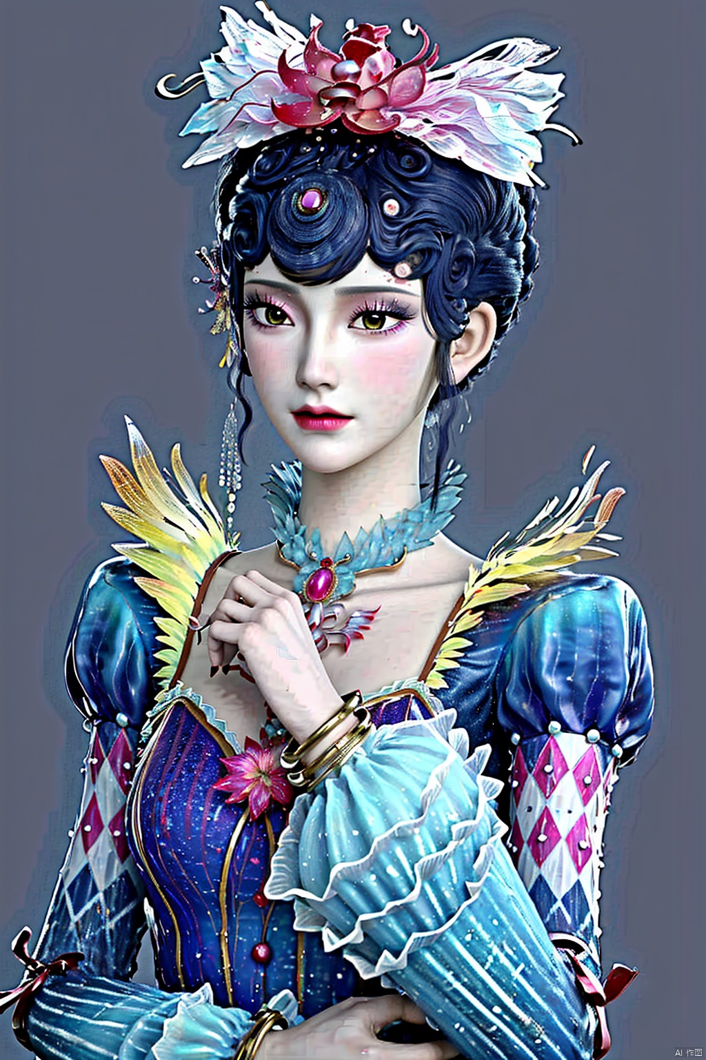  masterpiece, best quality, realistic, Highly detailed, (simple background),yue,1girl, solo, hair ornament, dress, jewelry, necklace, hair bun, bracelet, hanfu,brown hair, black hair, hair ornament, dress, jewelry, (upper body), necklace, hair bun, bracelet, chinese clothes,cloud background