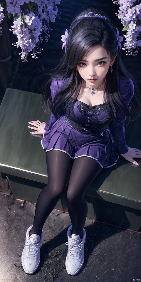  1girl, solo, long hair, black hair, hair accessories, purple lips, JK, shirt, pleated skirt, purple skirt, (pantyhose), whole body, sports shoes, sitting on the steps, lilacs, lilies, roses, hand details, leg details, (taken from above: 1.5)