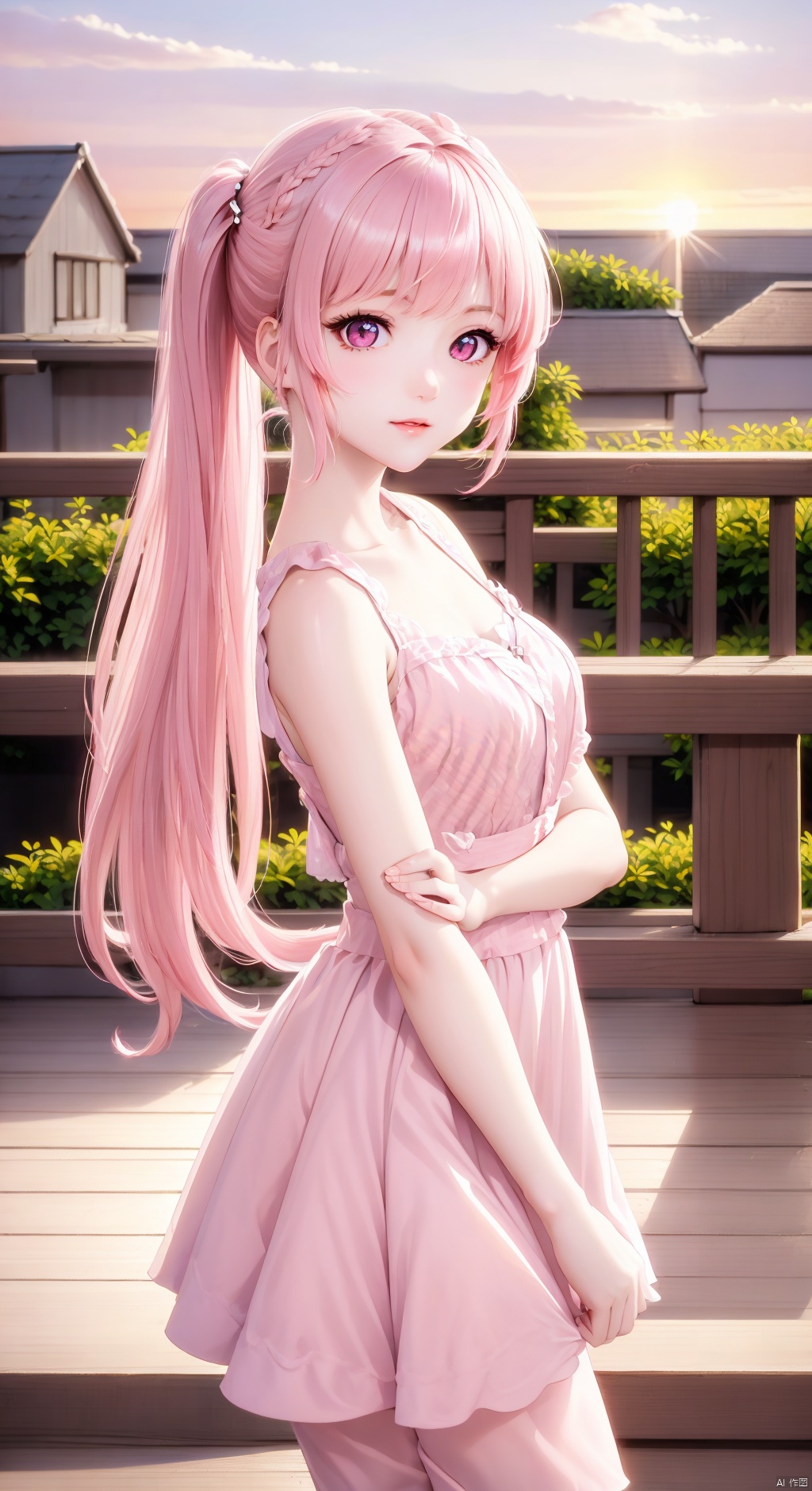  vibrant colors, female, masterpiece, sharp focus, best quality, depth of field, cinematic lighting, long hair, pink hair, twin tail, pink eyes, pink outfit, landscape, sunset, pink sky, town