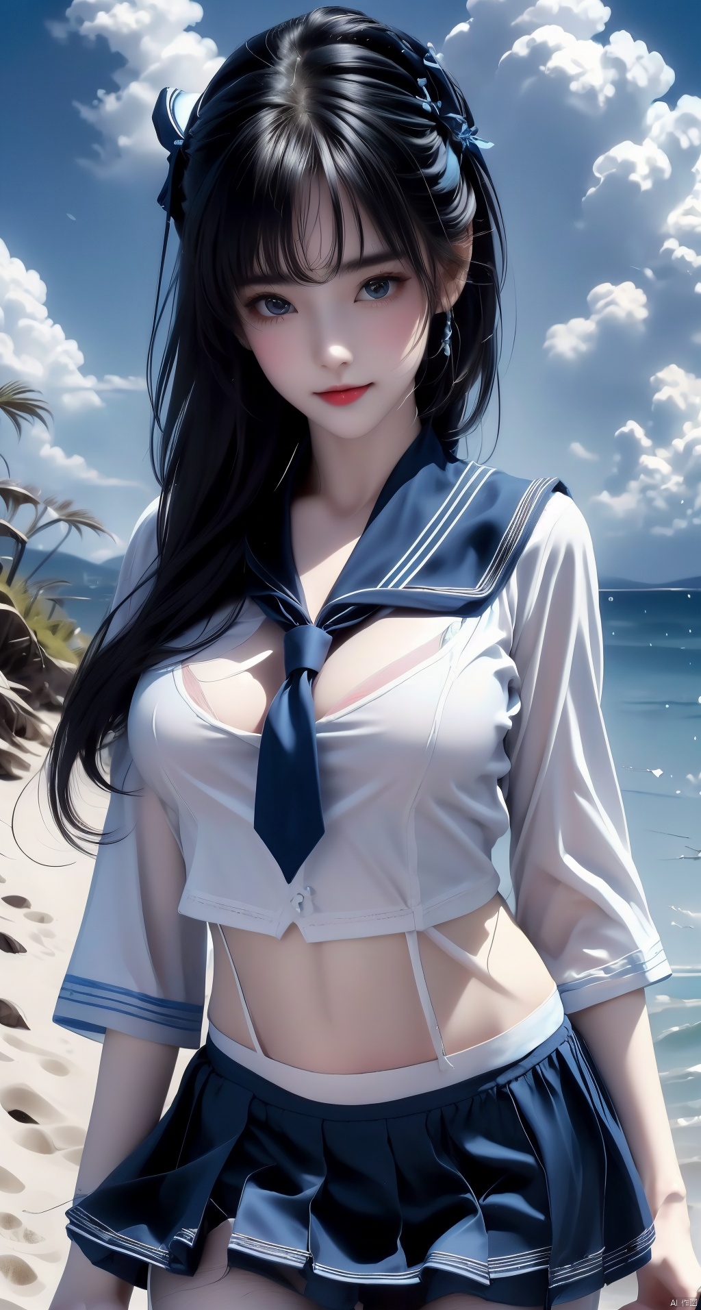  cowboy shot,(Good structure), DSLR Quality,Blue sky and white clouds on the beach,(high-detail skin) , 8K ultra-hd, , high quality, high resolution,(photo realistic: 1.3) , sailor senshi uniform,blue bow,blue necktie,blue sailor collar,blueskirt,black pantyhose, , ,kind smile, , ((poakl)), 1girl, xiaowu,(rabbitears),rainning, (\yan yu\)