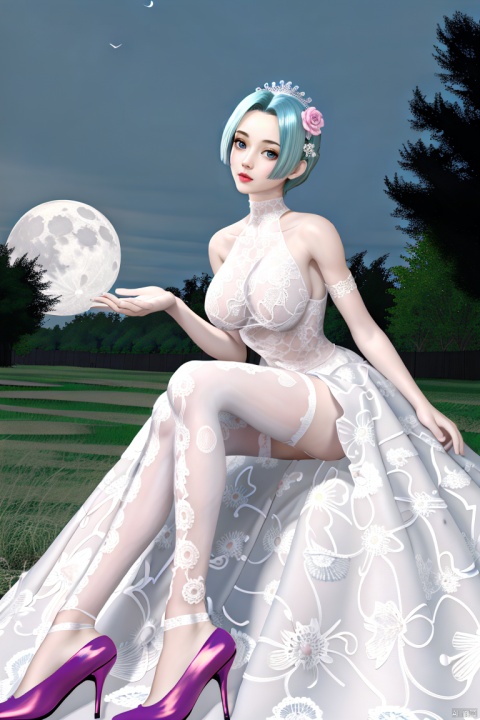  moon,full moon,（outdoors,night）, petals,masterpiece,(best quality),official art, extremely detailed cg 8k wallpaper,((crystalstexture skin)), (extremely delicate and beautiful),highly detailed, (collarbone:0.724), watercolor \(medium\),1girl,Wedding dress,A white wedding dress,frills,petals,blue hair,bridal gauntlets,floral print,flower-shaped pupils,hair flower,butterfly,hair flower,frilled apron,Roses,pyrefly,white pantyhose,Blue High Heels,yume kawaii,sideboob,sitting,blonde hair