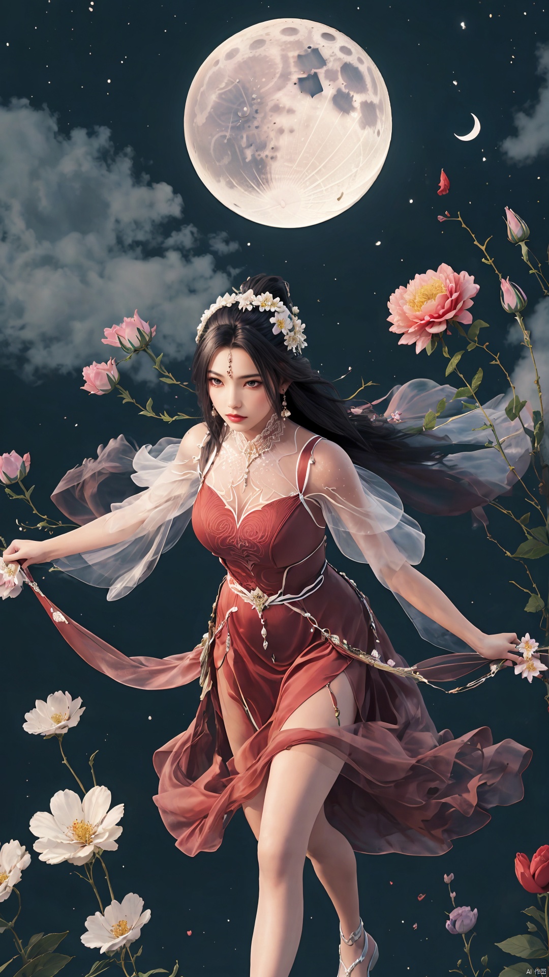  a girl,,dress,looking from above,a girl,above the knee,appear on camera,(a girl appeared at the front:1.2),(holding flowers in hand:1.1),stand,crescent_moon,black hair,long hair,whitenight,sky,solo,cloud,,simple background,a neat background,red dress,character focus,clear background,HDR,UHD,8K,masterpiece,absurdres,raise your head,