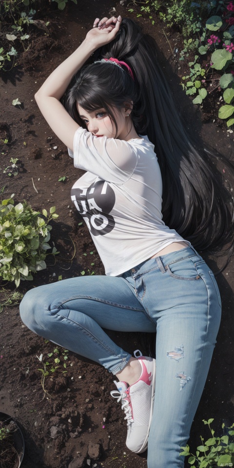  1girl, solo, long hair, black hair, hair accessories, cute T-shirt, jeans, whole body, sports shoes, lying down, (dirt, vegetable garden, pastoral), hand details, (taken from above: 1.2)