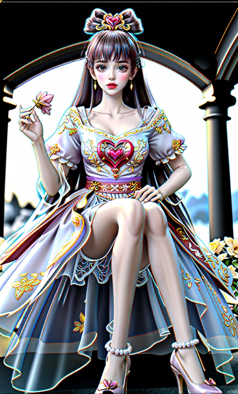  blue theme,blurry background,flower,petals,masterpiece,(best quality),official art, extremely detailed cg 8k wallpaper,((crystalstexture skin)), (extremely delicate and beautiful),highly detailed, collarbone,1girl,long hair,frills,hair ornament,hair bow,hair rings,hair flower,hair rings,dress,standing,Silver Hair,portrait,sitting,silver hair,hair ornament,hair rings,hair flower,flower,petals,Silver Eyes,Bi-heart posture,White pantyhose,pantyhose,high heels,Legs,white pantyhose,sitting