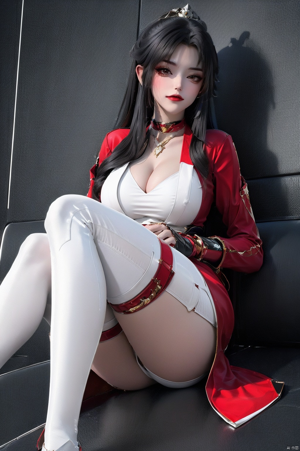  A black haired girl. Red and white clothes. White stockings. Expose part of the chest. Expose thighs, , fqx