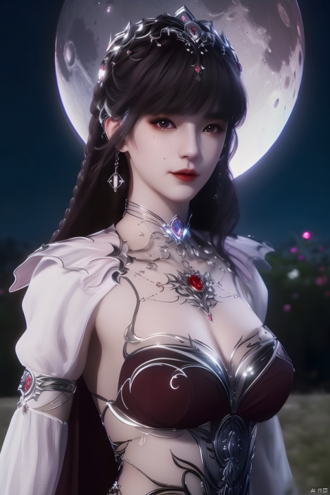  (,1girl, ,best quality, ),looking at viewer, ,,ultra detailed background,ultra detailed background,ultra realistic 8k cg,, ,masterpiece, (( , )),, ,science fiction,mole, , ,red moon, black rose, (cleavage), (),