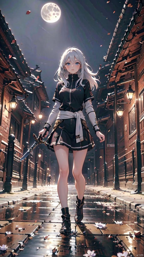  1 Girl, Solo, Female Features, Long White Hair, Sword in Hand, Sheath at Waist, Athletic Posture, Night, Outdoors, Street, Bright Full Moon, White Petals, Falling, Mirroring Floor, Splashing Sawdust. (Classic), (Very Detailed CGUnitty 8K Wall Paper), Best Quality, High Resolution Graphics.