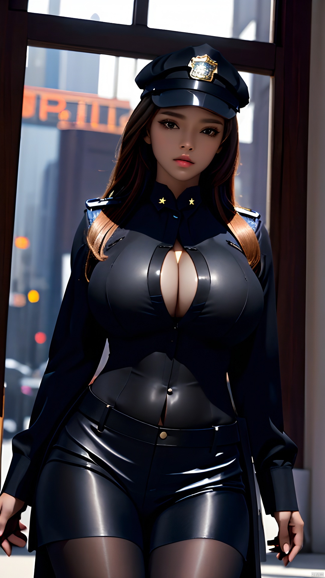  High quality, masterpiece, 1 girl, solo,
(Tight black police uniform: 1.3), transparent chest,supermodel purple, Sexy thighs, black silk belly,nsfw,big_breasts,no bra, blackpantyhose