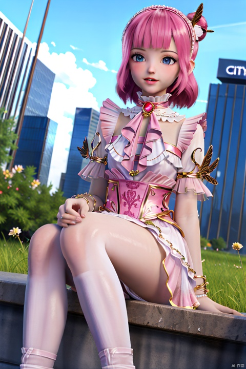  city lights,city hunter,cityscape,masterpiece,(best quality),official art, extremely detailed cg 8k wallpaper,((crystalstexture skin)), (extremely delicate and beautiful),highly detailed, (collarbone:0.724),1girl,long hair,punk,urban style,stalagmite,looking at viewer,legband,happy,dress,hair ornament,sitting,from below,high heels,dango hair ornament,hair flower,pink hair