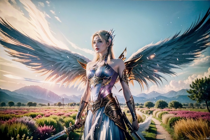  (8k, RAW photo, best quality, masterpiece:1.2),, ,((looking at viewer)), 1girl,sky, flower_field, lips, ,(((wings, feathered_wings,sword)))