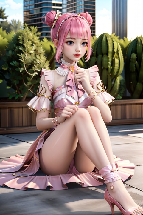  water,maple leaf,petals,outdoors,masterpiece,(best quality),official art, extremely detailed cg 8k wallpaper,((crystalstexture skin)), (extremely delicate and beautiful),highly detailed, (collarbone:0.724),1girl,punk,urban style,stalagmite,looking at viewer,legband,happy,dress,hair ornament,sitting,high heels,dango hair ornament,hair flower,pink hair,hair bun, double bun,closed mouth