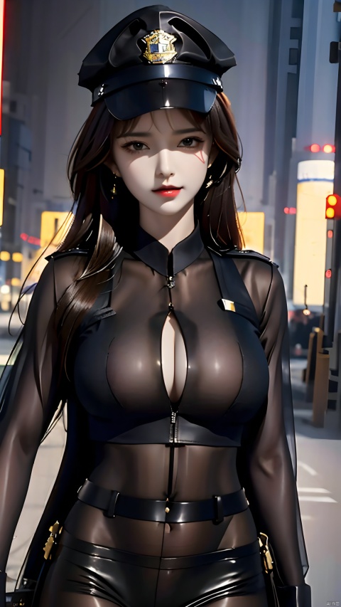  High quality, masterpiece, 1 girl, solo,
(Tight black police uniform: 1.3), transparent chest,supermodel purple, Sexy thighs, black silk belly,nsfw,big_breasts,no bra, blackpantyhose
