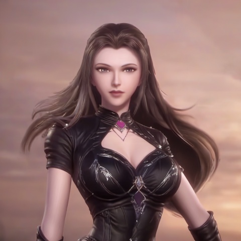 Best quality,masterpiece,1girl, solo, long hair, breasts, cleavage, upper body, facial mark, looking at viewer, brown hair, animal ears, lips, cleavage cutout, realistic, medium breasts, black hair, clothing cutout, forehead mark brown hair,zhuzhuqing,none