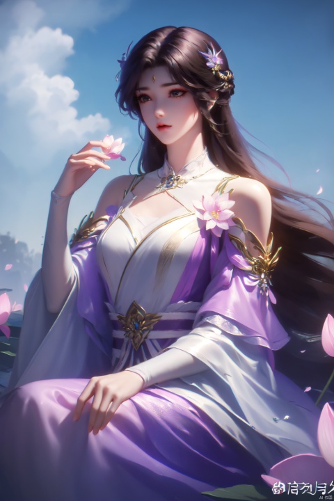  ((4k,masterpiece,best quality)), professional camera, 8k photos, wallpaper,
1girl, long hair, flower, solo, purple dress, dress, lotus, brown hair, hair ornament, detached sleeves, petals, bare shoulders, sky, cat, sitting, blue sky, jewelry