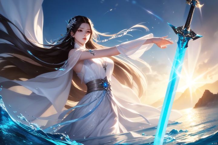  ((4k,masterpiece,best quality)), professional camera, 8k photos, wallpaper,
1girl, long hair, weapon, sword, solo, facial mark, forehead mark, brown hair, dress, mountain, white dress, hair ornament, water