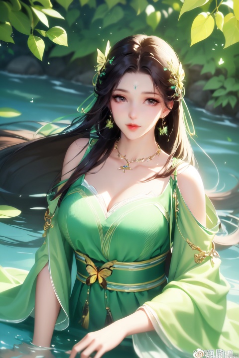  ((4k,masterpiece,best quality)), professional camera, 8k photos, wallpaper,
1girl, long hair, green dress, dress, forehead mark, hair ornament, facial mark, water, bug, solo, jewelry, butterfly, brown hair, lily pad, chinese clothes, necklace, earrings, upper body