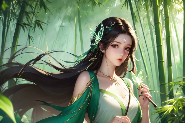  ((4k,masterpiece,best quality)), professional camera, 8k photos, wallpaper,
1girl, long hair, dress, brown hair, forehead mark, bamboo, hair ornament, bug, green dress, butterfly, upper body, solo, facial mark, forest, jewelry, bamboo forest, braid, nature, chinese clothes