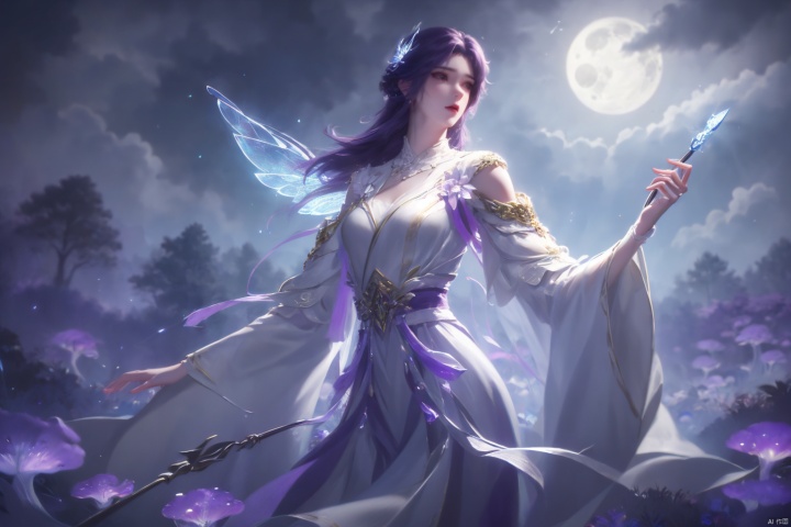  ((4k,masterpiece,best quality)), professional camera, 8k photos, wallpaper
1 girl, solo,purple hair,ethereal fairy, floating on clouds, sparkling gown with iridescent butterfly wings, holding a magic wand, surrounded by dancing fireflies, twilight sky, full moon, mystical forest in the background, glowing mushrooms, enchanted flowers, softly illuminated by bioluminescence, serene expression, delicate features with pointed ears, flowing silver hair adorned with tiny stars, gentle breeze causing her dress and hair to flow ethereally, dreamlike atmosphere, surreal color palette, high dynamic range lighting, intricate details, otherworldly aesthetic.