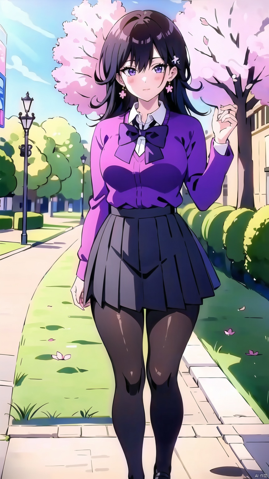 masterpiece,best quality,official art,unity 8k wallpaper,Brilliant colors,exaggerated art,
1girl, solo, long hair, breasts, looking at viewer, bangs, skirt, large breasts, shirt, black hair, long sleeves, bow, hair between eyes, jewelry, school uniform, standing, purple eyes, white shirt, pantyhose, pleated skirt, earrings, outdoors, day, collared shirt, bowtie, black skirt, tree, black pantyhose, cherry blossoms, purple bow, black sweater, purple bowtie