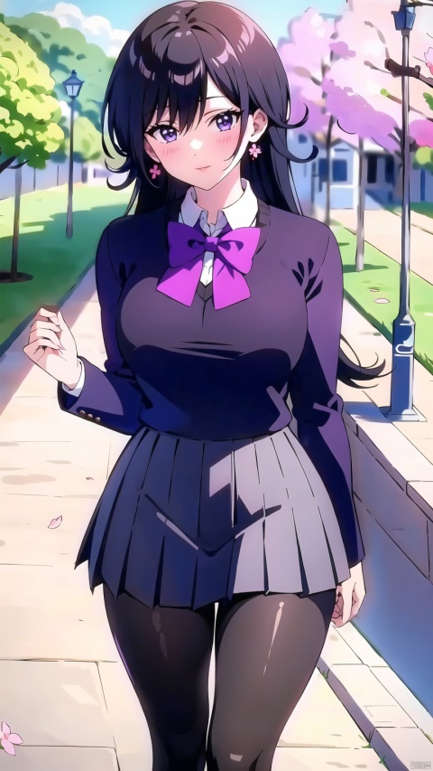 masterpiece,best quality,official art,unity 8k wallpaper,Brilliant colors,exaggerated art,
1girl, solo, long hair, breasts, looking at viewer, bangs, skirt, large breasts, shirt, black hair, long sleeves, bow, hair between eyes, jewelry, school uniform, standing, purple eyes, white shirt, pantyhose, pleated skirt, earrings, outdoors, day, collared shirt, bowtie, black skirt, tree, black pantyhose, cherry blossoms, purple bow, black sweater, purple bowtie