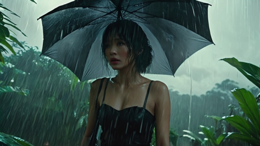 Extremely realistic visual effects, terrifying and gloomy jungle, rainy night jungle, and the back of a person in black wearing an umbrella, ukl
