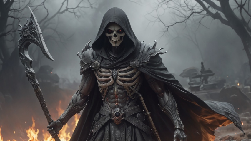 Very realistic visual effects, very realistic picture quality, death god, undead, graveyard, death god holding sickle, death god wearing hood and cloak
