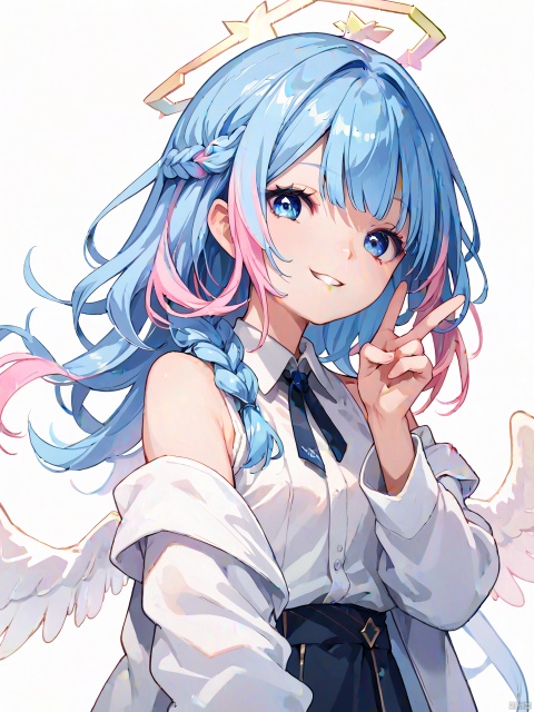  score_9,score_8_up,score_7_up,score_6_up,score_9,score_8_up,score_7_up,score_6_up,1girl,solo,halo,blue eyes,long hair,blue hair,multicolored hair,wings,smile,v,pink hair,looking at viewer,off shoulder,shirt,jacket,upper body,bangs,white jacket,braid,white background,white shirt,virtual youtuber,long sleeves,collared shirt,streaked hair,bare shoulders,simple background,angel,hand up,angel wings,