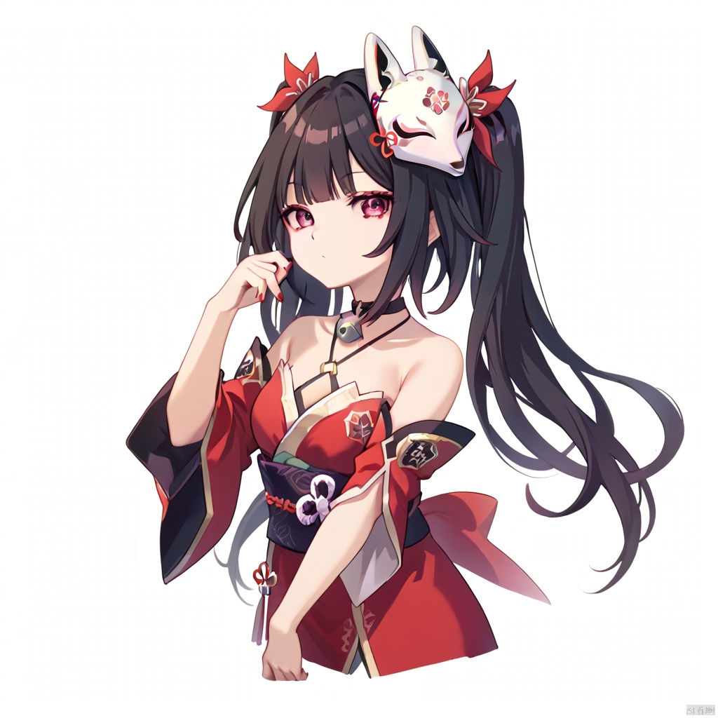  1girl,solo,looking at viewer,a girl named huahuo,huahuo,1girl,twintails,looking at viewer,fox mask,bare shoulders,mask on head,black choker,detached sleeves,obi,jingle bell,black sash,black gloves,neck bell,criss-cross halter,red nails,reddress,,indoors,wariza,, (score_9,score_8_up,score_7_up),(masterpiece,best quality,high quality:1.2),absurdres,