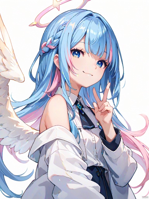  score_9,score_8_up,score_7_up,score_6_up,score_9,score_8_up,score_7_up,score_6_up,1girl,solo,halo,blue eyes,long hair,blue hair,multicolored hair,wings,smile,v,pink hair,looking at viewer,off shoulder,shirt,jacket,upper body,bangs,white jacket,braid,white background,white shirt,virtual youtuber,long sleeves,collared shirt,streaked hair,bare shoulders,simple background,angel,hand up,angel wings,