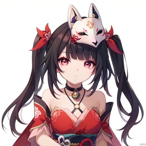  1girl,solo,looking at viewer,a girl named huahuo,huahuo,1girl,twintails,looking at viewer,fox mask,bare shoulders,mask on head,black choker,detached sleeves,obi,jingle bell,black sash,black gloves,neck bell,criss-cross halter,red nails,reddress,,indoors,wariza,, (score_9,score_8_up,score_7_up),(masterpiece,best quality,high quality:1.2),absurdres,