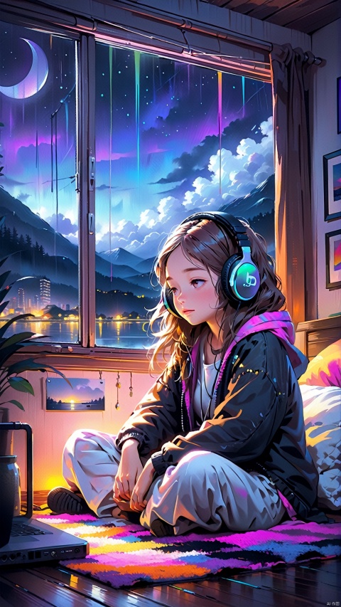 fine art, oil painting, amazing sky, . European Hippie Girl meditating in her room, dreaming, Wear headphones, night lights, Neon landscape on a rainy day, Analog Color Theme, Lo-Fi Hip Hop , retrospective, flat, 2.5D, Bedtime Stories