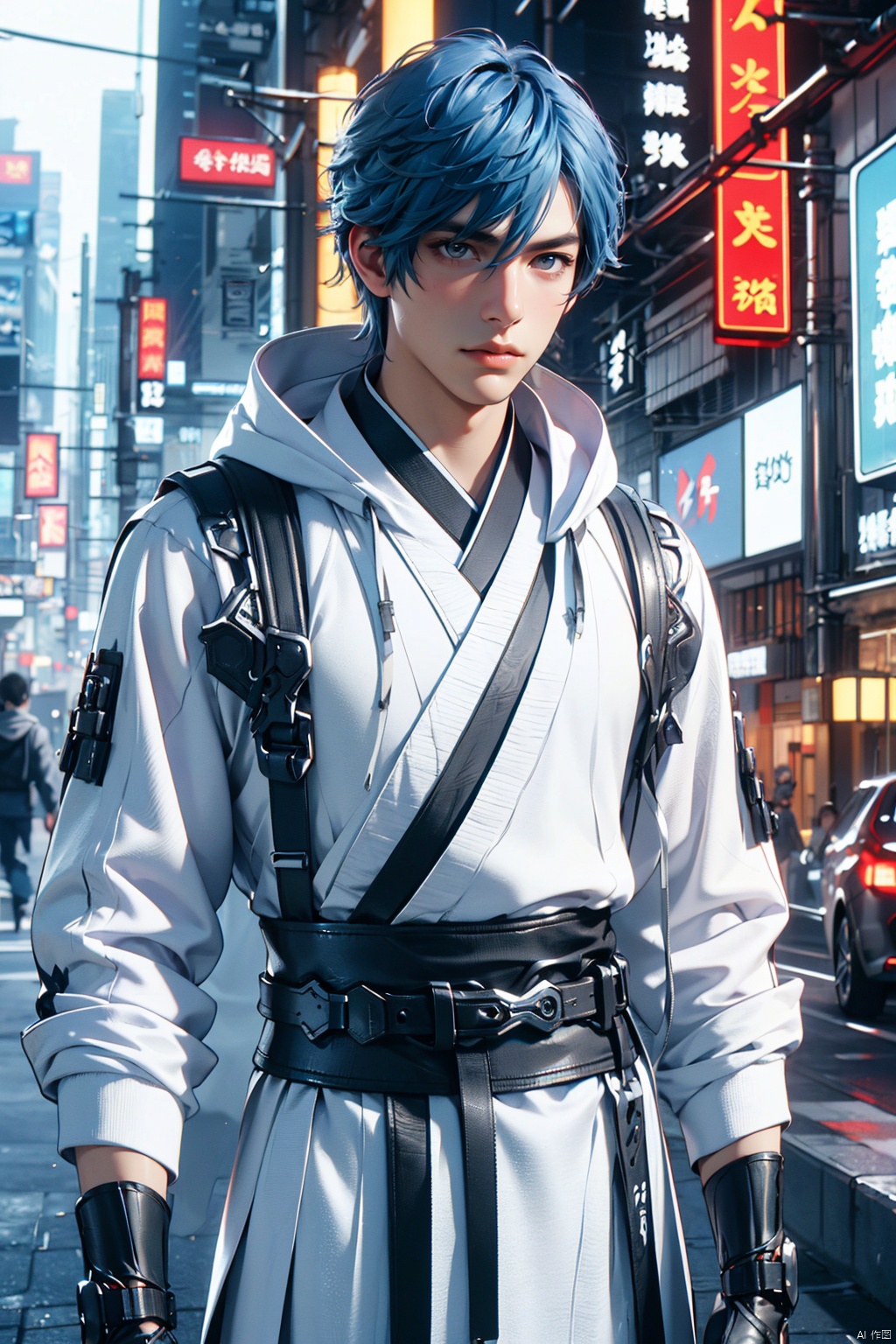  (8k, original photo, best quality, masterpiece: 1.2), blue hair, 1boy, upper body, hooded jacket, outdoor, character focus, black and white Hanfu, exposed finger gloves, blurry, lips, belt, black eyes, cyberpunk architecture, city, realistic,Aso

, machinery