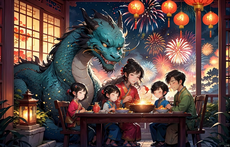 A Chinese New Year's Eve, a family is sitting together at the dinner table, smiling with happiness. In a corner of the courtyard, a colorful Chinese dragon is sleeping peacefully. Outside the window, dazzling fireworks are blooming in the night sky, illuminating the whole world. High-definition image of a traditional Chinese New Year's Eve scene, featuring a happy family, a sleeping dragon, and spectacular fireworks. Masterpiece of art by Zhang Daqian, trending on DeviantArt, Pinterest, and ArtStation. Intricate details, vibrant colors, sharp focus, dramatic atmosphere, photorealistic painting art by Gregory Manchess and Jeremy Mann., BJ_Sacred_beast_Illustration, Cyberpunk Fantasy