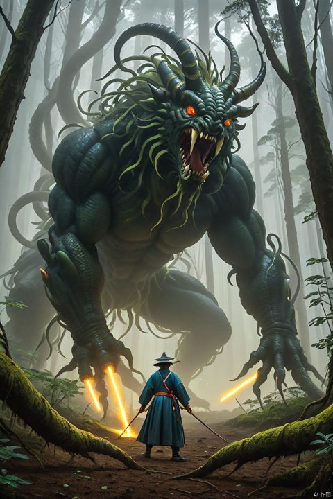  In this picture, we can see a cultivator and a fierceMiaojiang worm engaged in a fierce confrontation. Theworms are huge in size and covered with a hard shellexuding the aura of beasts in the forest. Practitionerswield magic weapons and used martial arts techniquesto constantly attack worms. The surrounding scene is alsofull of mysterious atmosphere, and hissing and strangebreaths are heard from time to time in the vast mountainforest. The author of this painting is the famous fantasypainter MichaelWhelan