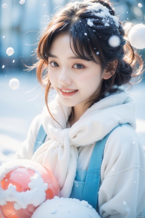  (Masterpiece),(Ultra High Resolution), joyfully playing snowball fight in heavy snow. faces are filled with happy smiles, and snowflakes are falling on their hair and collars. The surrounding is a vast expanse of white snow, only their footprints disturbing the purity. Snowflakes in the sky fall like cotton candy, adding a touch of sweetness to this winter scene. This is a vibrant and joyful winter afternoon, Fashion Style,jellyfishforest, 1girl, xiqing, qiqiu