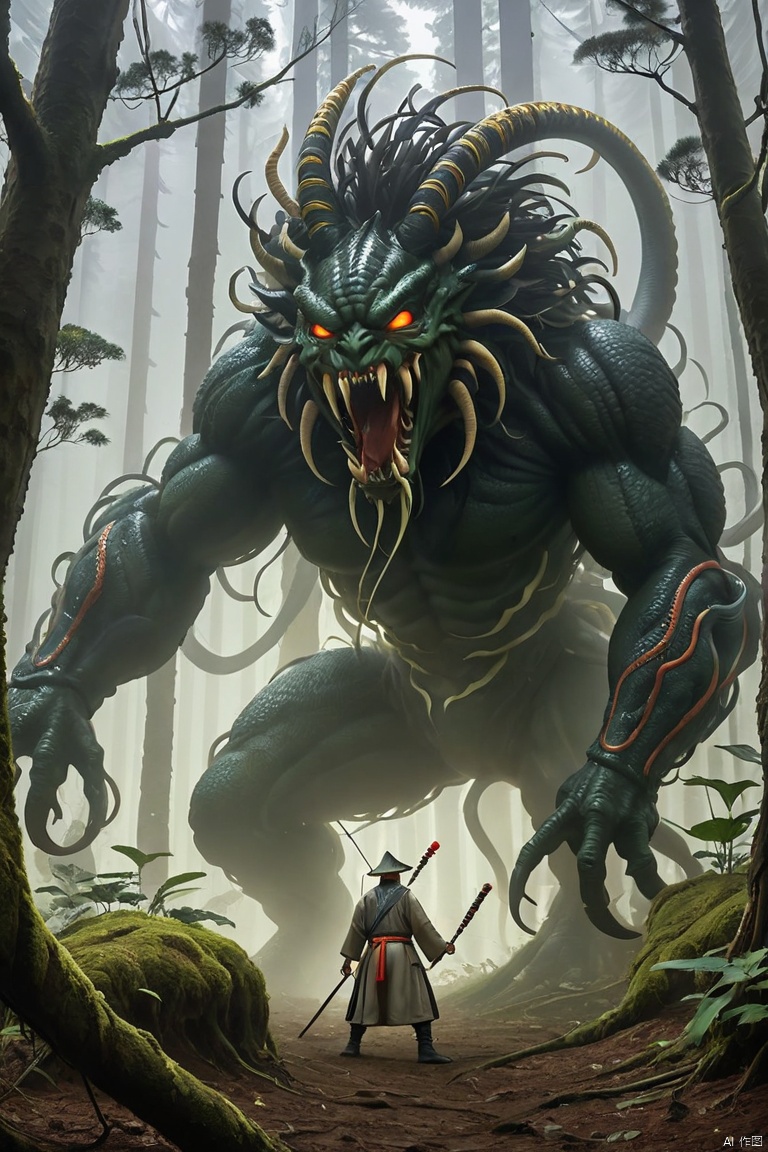  In this picture, we can see a cultivator and a fierceMiaojiang worm engaged in a fierce confrontation. Theworms are huge in size and covered with a hard shellexuding the aura of beasts in the forest. Practitionerswield magic weapons and used martial arts techniquesto constantly attack worms. The surrounding scene is alsofull of mysterious atmosphere, and hissing and strangebreaths are heard from time to time in the vast mountainforest. The author of this painting is the famous fantasypainter MichaelWhelan