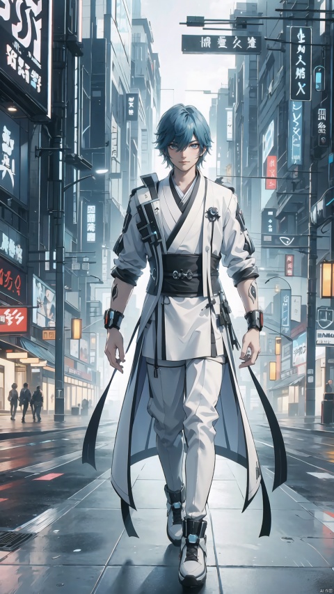  (8k, original photo, best quality, masterpiece: 1.2), CG rendering, full body, a 20-year-old boy. Technology cabin, neon lights, smile, (blue hair), (fluffy hair), white and black Hanfu, fist clenching, combat posture. Functional Hanfu, sports shoes, sparkling, flowing robe, chest strap decoration, belt, cyberpunk city background outside the window,Aso, Aso, Cyberworld, CyberpunkAI