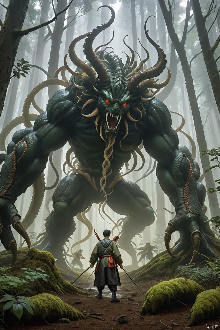  In this picture, we can see a cultivator and a fierceMiaojiang worm engaged in a fierce confrontation. Theworms are huge in size and covered with a hard shellexuding the aura of beasts in the forest. Practitionerswield magic weapons and used martial arts techniquesto constantly attack worms. The surrounding scene is alsofull of mysterious atmosphere, and hissing and strangebreaths are heard from time to time in the vast mountainforest. The author of this painting is the famous fantasypainter MichaelWhelan