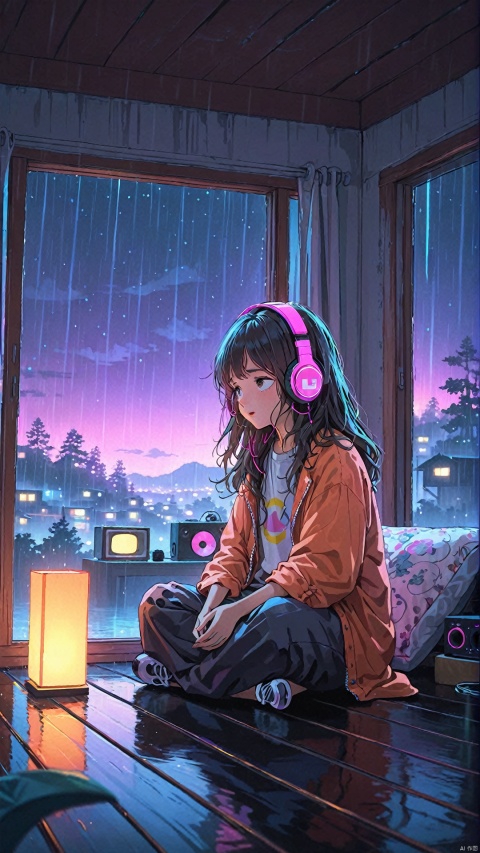  fine art, oil painting, amazing sky, . European Hippie Girl meditating in her room, dreaming, Wear headphones, night lights, Neon landscape on a rainy day, Analog Color Theme, Lo-Fi Hip Hop , retrospective, flat, 2.5D, Bedtime Stories